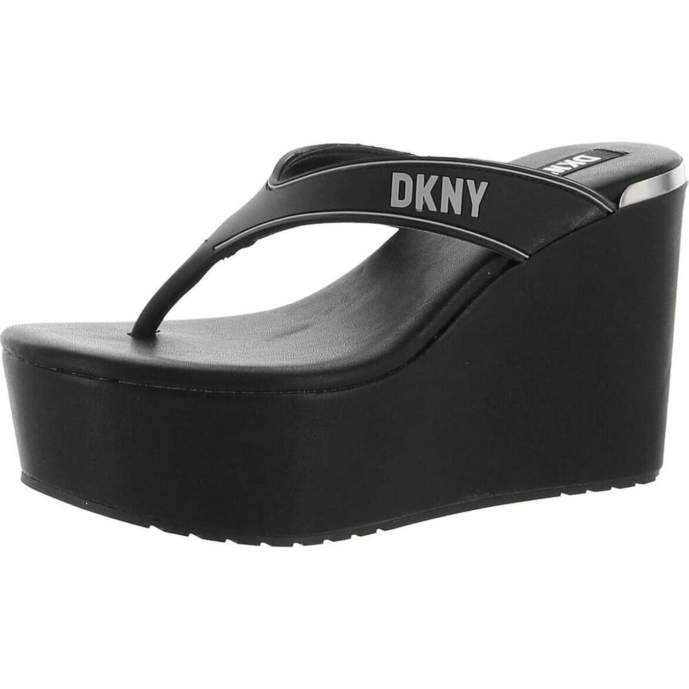 DKNY Black Platform Wedge Thong Sandals